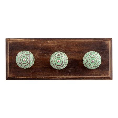 Pea Green Pattern Etched Ceramic Wooden Hooks