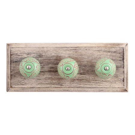 Pea Green Leaf Flower Etched Ceramic Wooden Hooks
