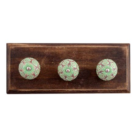 Pea Green Etched Ceramic Wooden Hooks
