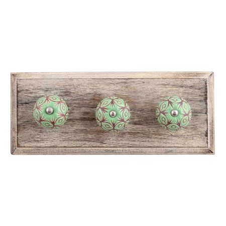 Pea Green Etched Ceramic Wooden Hooks