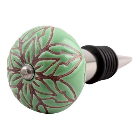 Pea Green Amarylis Etched Ceramic Wine Stopper (Set of one piece)