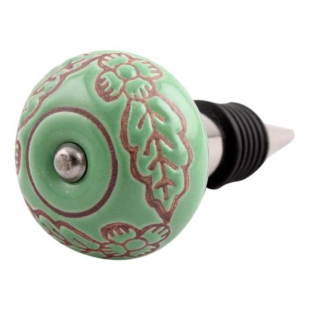 Pea Green Leaf Flower Etched Ceramic Wine Stopper (Set of one piece)