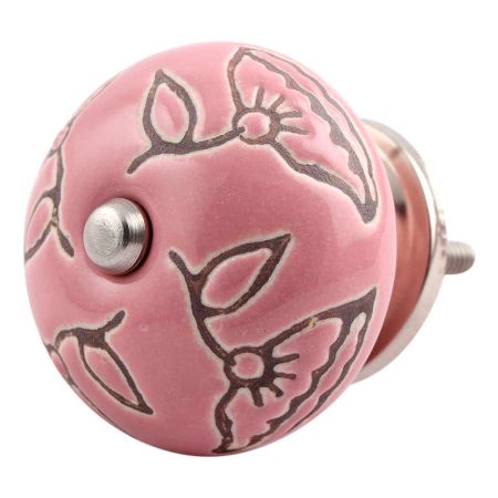 Pink Calla Lily Brown Etched Ceramic Cabinet Knob