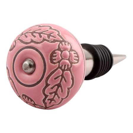 Pink Leaf Flower Etched Ceramic Wine Stopper (Set of one piece)