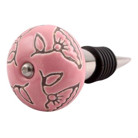 Pink Calla Lily Brown Etched Ceramic Wine Stopper (Set of one piece)