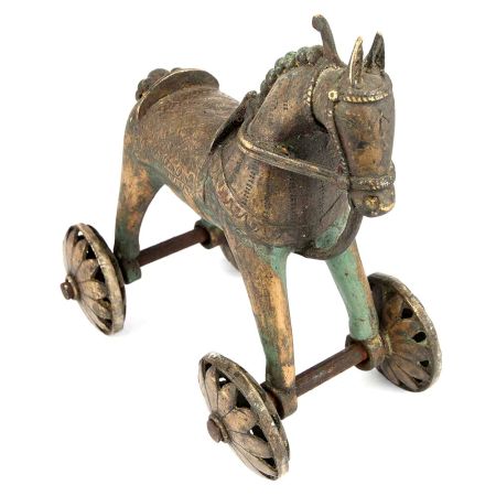 India Brass Temple Toy Horse on Wheels