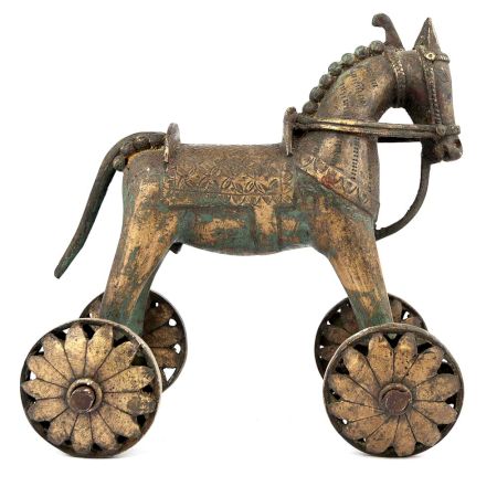 India Brass Temple Toy Horse on Wheels