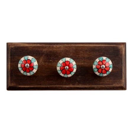Red Flower Ceramic Wooden Hooks