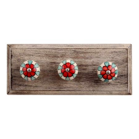 Red Flower Ceramic Wooden Hooks