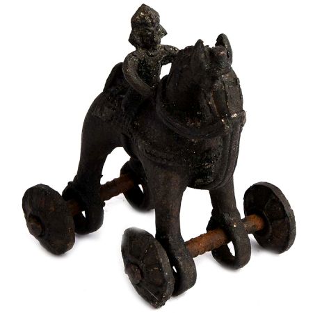 Brass Primitive Horse and Rider on Rolling Wheels
