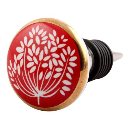 Red Waxflower Flat Ceramic Wine Stopper (Set of one piece)