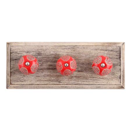 Red Marigold Etched Ceramic Wooden Hooks