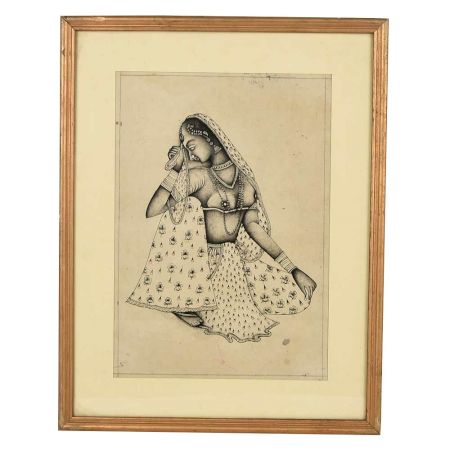 Framed Hand Drawn Sketch Of A Village Women Sitting