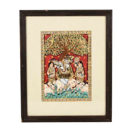Framed Tree Flute Krishna Tanjore Painting 15
