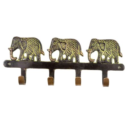 Elephant Design 4 Brass Hooks