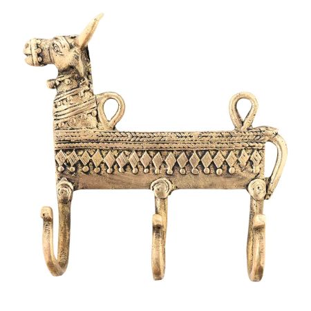 Dhokra Brass Cow Shaped Key 3 Wall Hooks