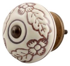 Cream Brown Leaf Flower Etched Ceramic Knob