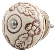 Cream Brown Leaf Flower Etched Ceramic Knob