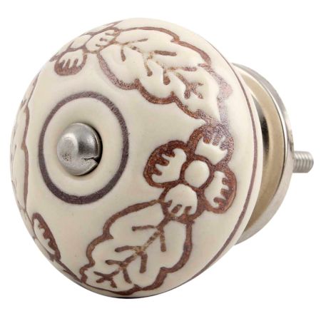Cream Brown Leaf Flower Etched Ceramic Knob