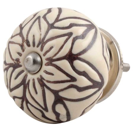 Cream Amarylis Floral Etched Ceramic Cabinet Knob