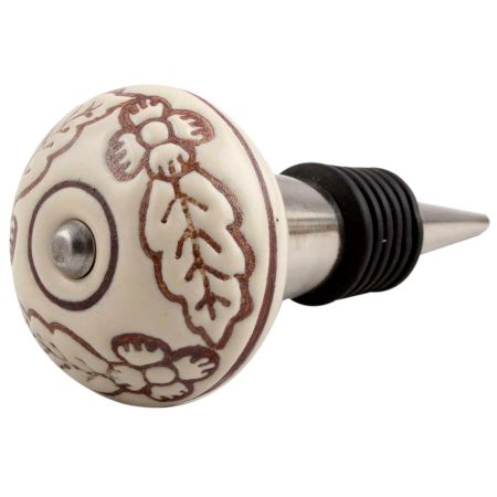 Cream Brown Leaf Flower Etched Ceramic Wine Stopper