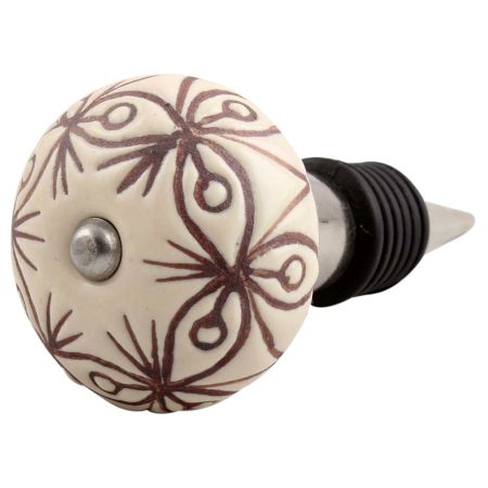 Cream Brown Floral Etched Ceramic Wine Stopper