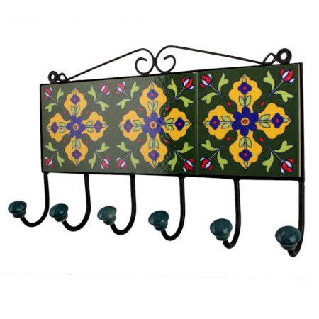 Forest Green Yellow Floral Tiles Hooks