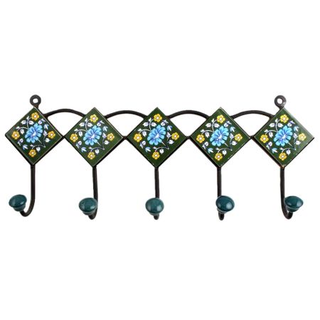 Forest Green Turquoise Floral Tiles Hooks