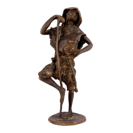 Brass Man Standing with Stick Statue