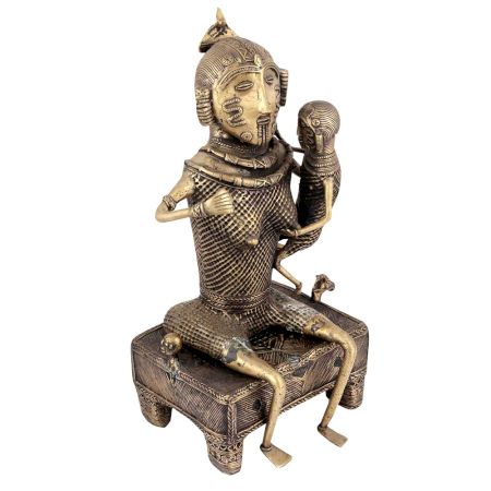 Brass Lady Sitting on Bed Holding Her Child Dhokra Figurine