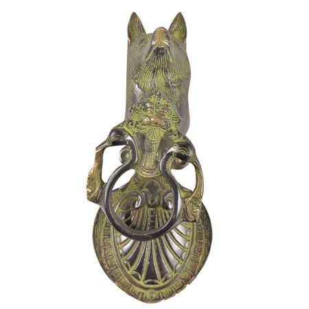 Brass Solid Dog With Peacock Ring Door Knocker
