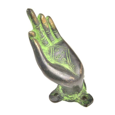 Brass Patina Buddhas Hand with Engraved Lotus Flower Door Pull