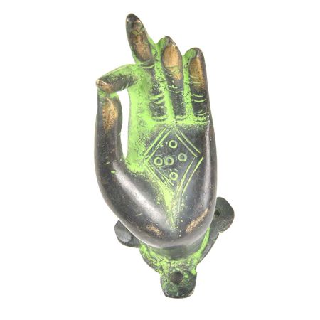 Brass Patina Buddhas Hand with Engraved Lotus Flower Door Pull