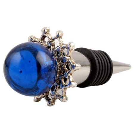Navy Blue Round Glass And Metal Wine Stopper