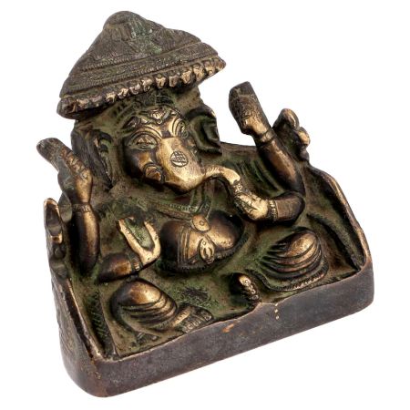 Brass Ganesh Statue Sitting on Throne in Royal Easy Posture Blessing
