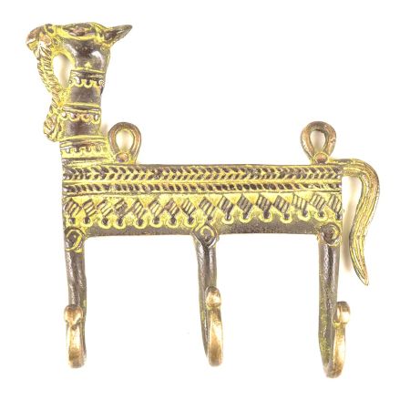 Brass Tribal Camel Face Three Wall Hooks with Patina