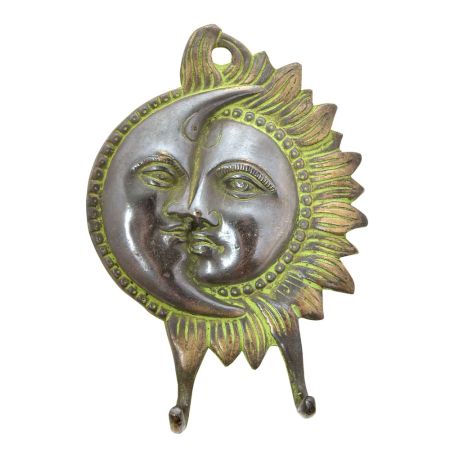 Brass Sun Moon Half Face Wall Hooks with Patina
