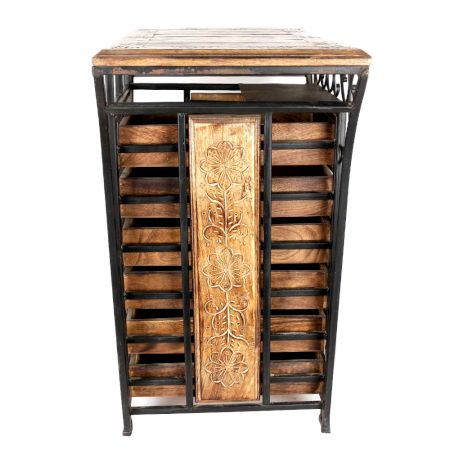 Wooden And Wrought Iron Hand Carved Cabinet With 6 Drawer