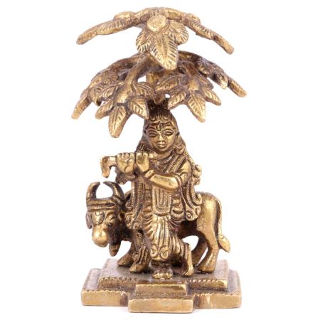 Krishna with Holy Cow Under Tree Idol Decor Statue