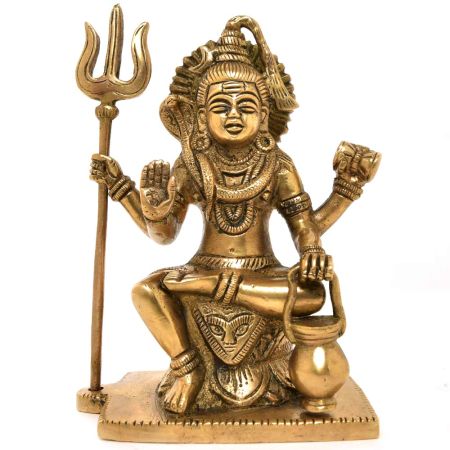 Sitting Brass Statue of Lord Shiva and Trishul Kamandal Dholak