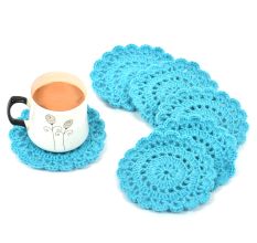 Sky Blue Round Handmade Woolen Coasters Pack Of 6