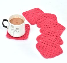 Dark Pink Square Handmade Woolen Coasters Pack Of 6