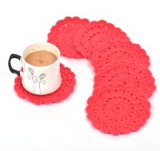 Dark Pink Round Handmade Woolen Coasters Pack Of 6