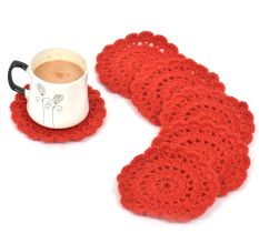 Red Round Handmade Woolen Coasters Pack Of 6