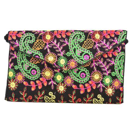 Black Floral Tribal Ethnic Gypsy Clutch Shoulder Bag