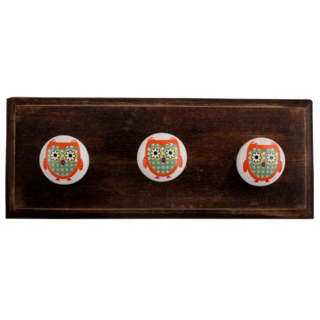 Orange Owl Ceramic Flat Wooden Hooks