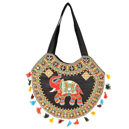Black Hand Made Boho Embroidery Round Bag