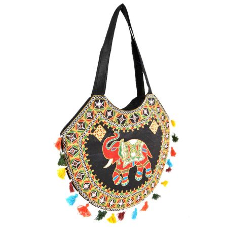 Black Hand Made Boho Embroidery Round Bag