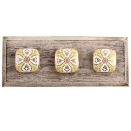 Golden Leaf Flower Square Ceramic Wooden Hooks
