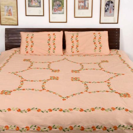 Peach  Cotton Orange Petals Embroidered Double Bedsheet with Two Matching Pillow Case